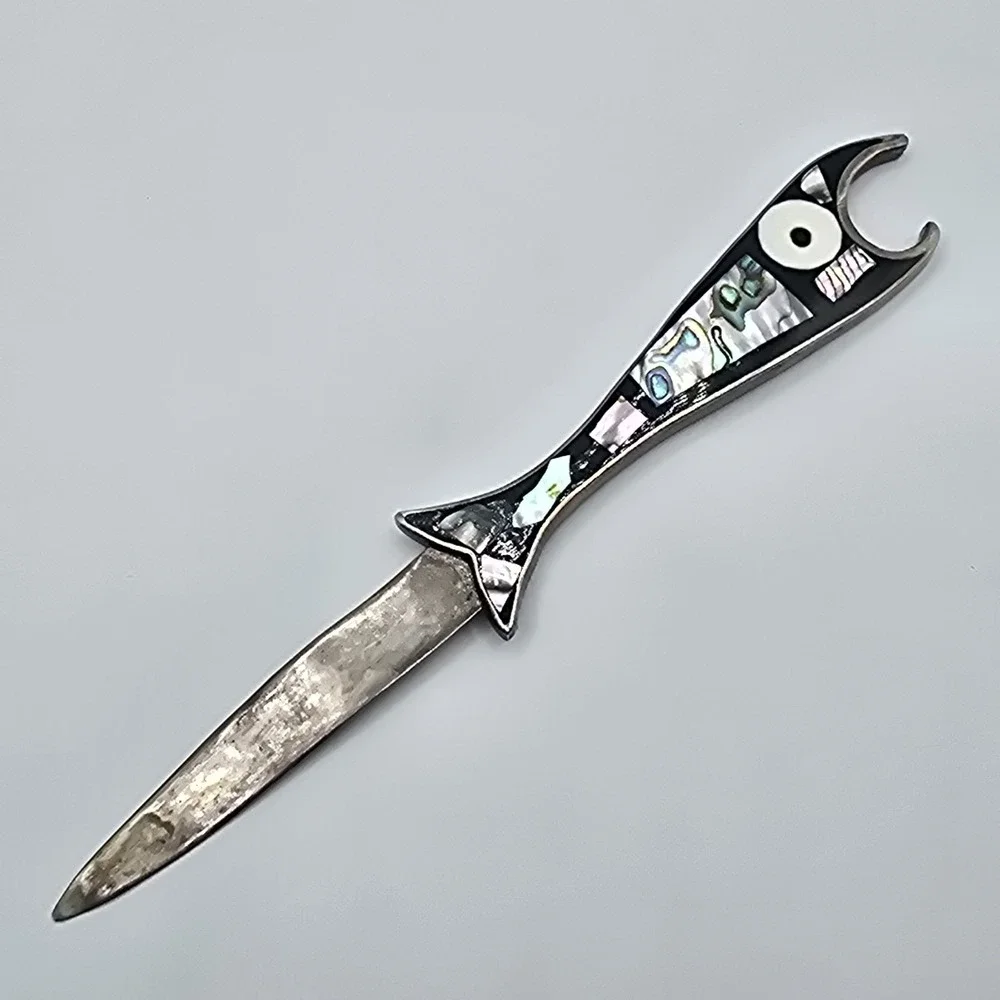 Vtg Fish Alpaca Mexico Abalone Black Letter Bottle Opener READ Imperfections